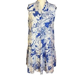 Vilagallo Sleeveless Tropical Mini Dress Size 42 US 10 Blue White Cotton Floral